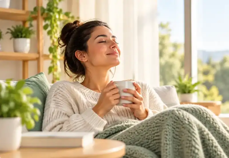 Woman relaxing on the couch with a warm drink