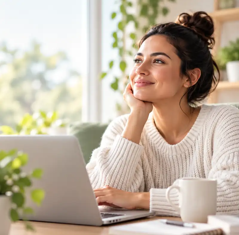 Woman smiling at her laptop at home