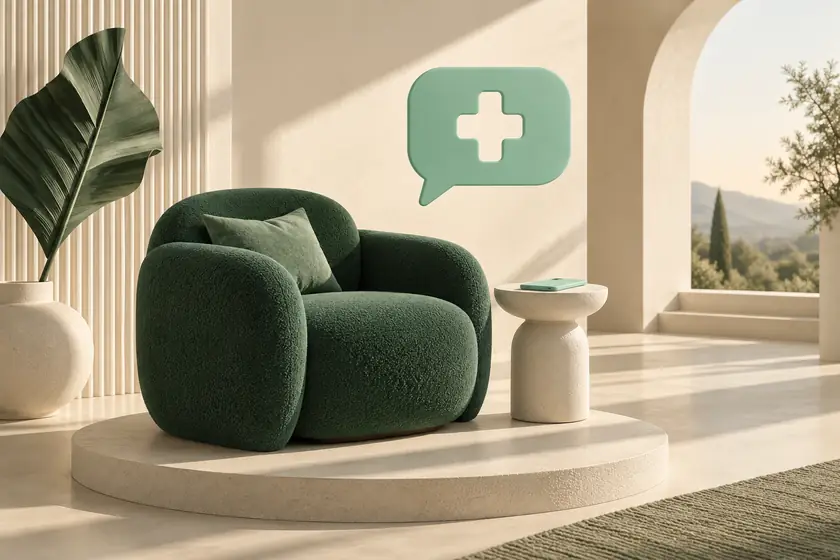 Illustration of a green armchair and a care conversation bubble